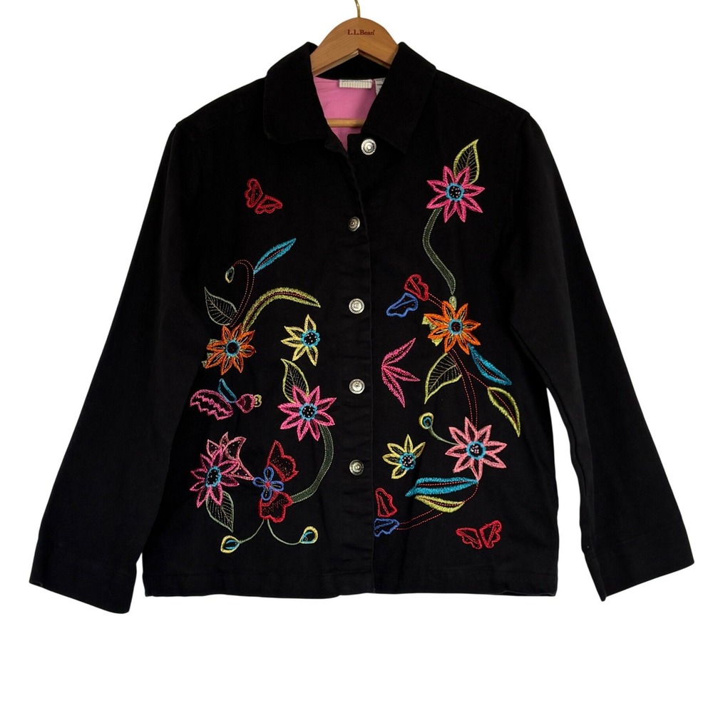 Vintage Womens Small Floral Embroidered Denim Jacket Black Button Up Boho